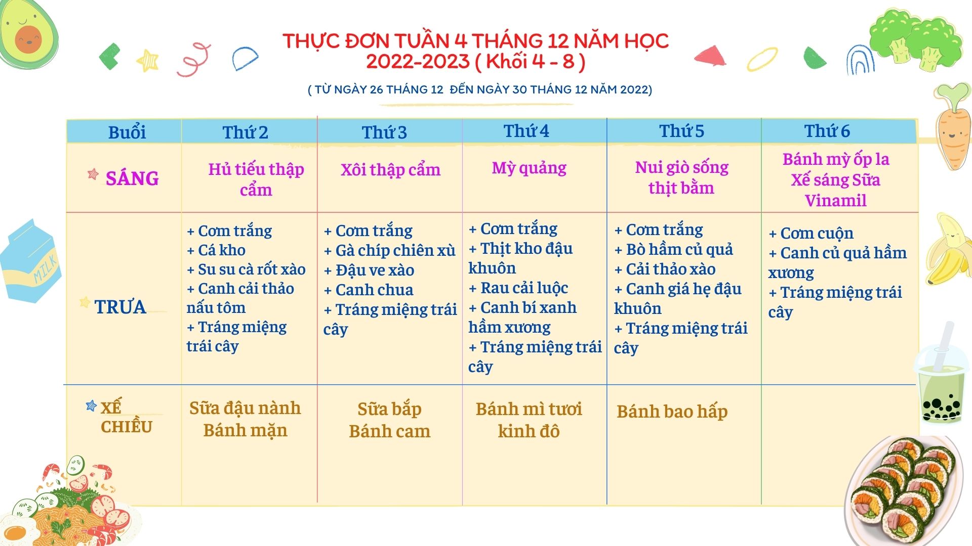 THỰC ĐƠN TUẦN 04 THÁNG 12 NĂM 2022